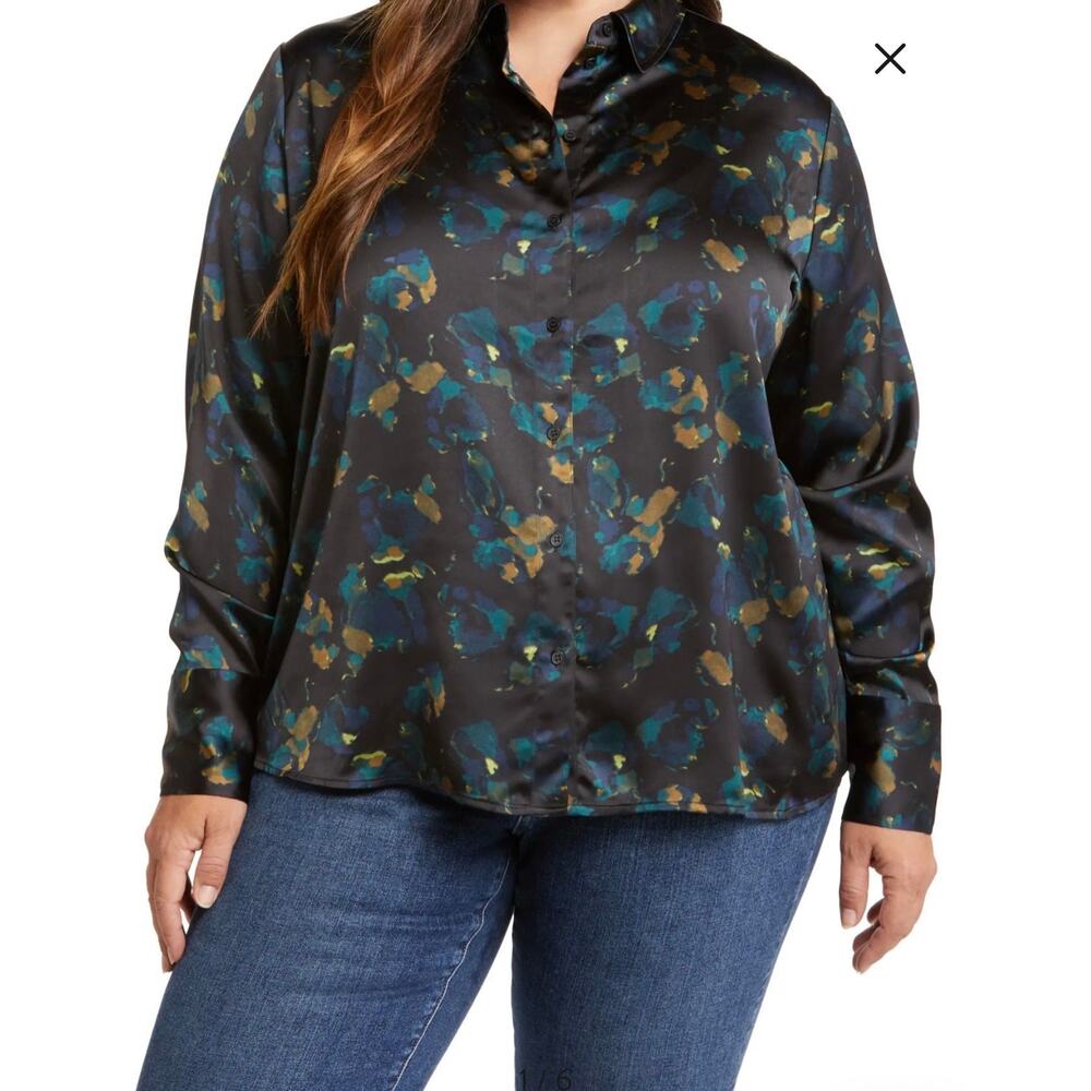 NWT Nordstrom 2X Floral Satin Button-Up Shirt